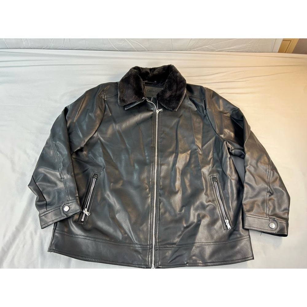Cavalini Faux Leather Moto Biker Jacket XL Black Fur Collar‎ Full Zip Women's